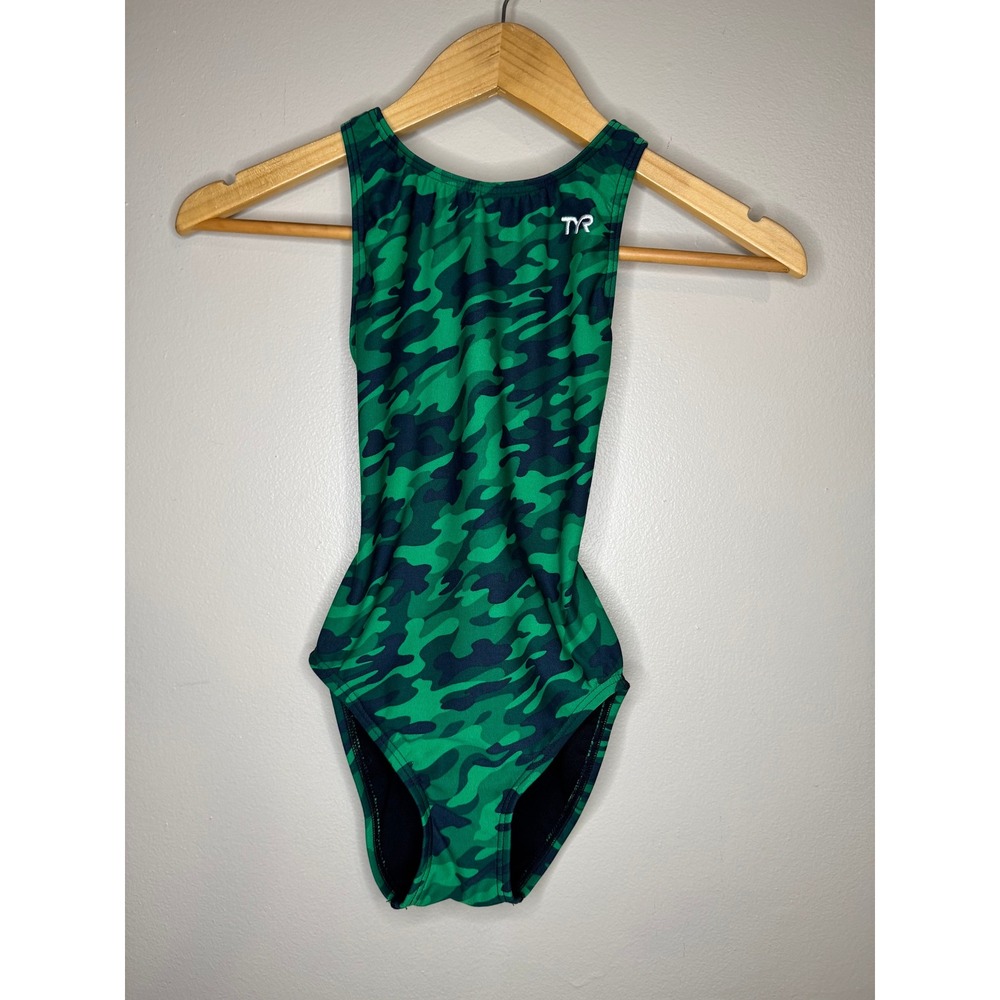 TYR Girls Green Camo One Piece Swimsuit Racerback Performance Swim Size 24